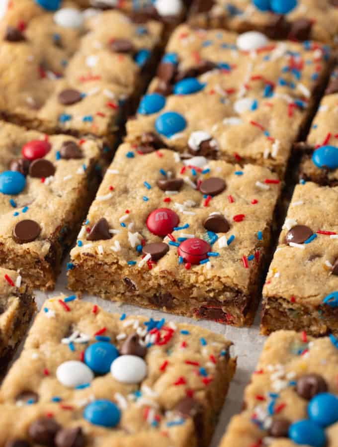 squares of 4th of july monster cookie bars