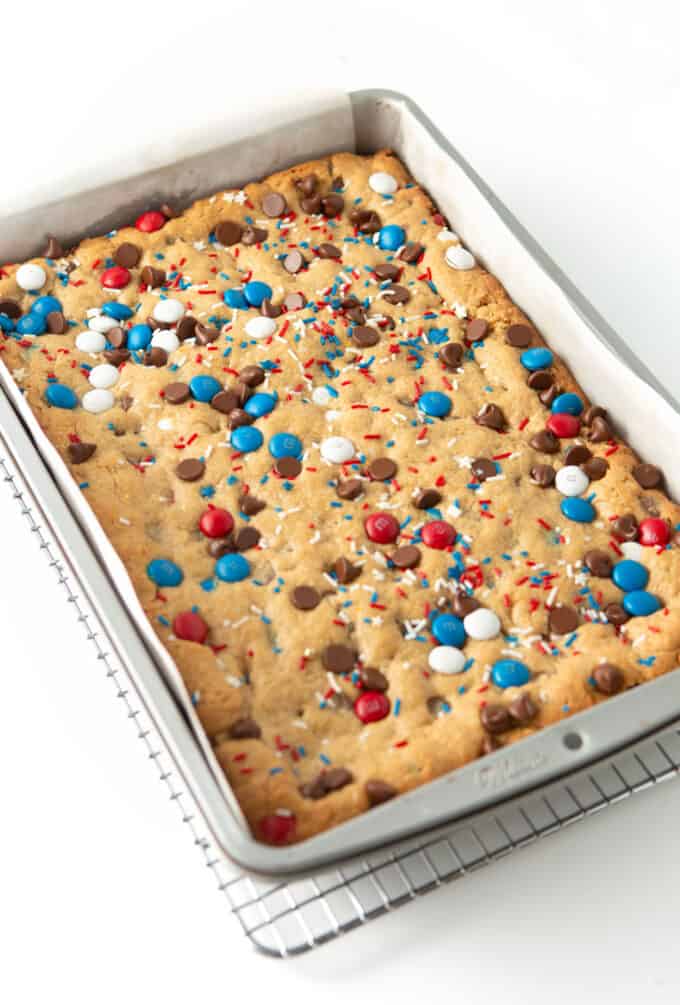 9x13 pan of fourth of july monster cookie bars