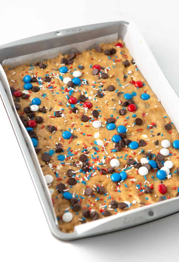 9x13 pan of fourth of july unbaked monster cookie bars