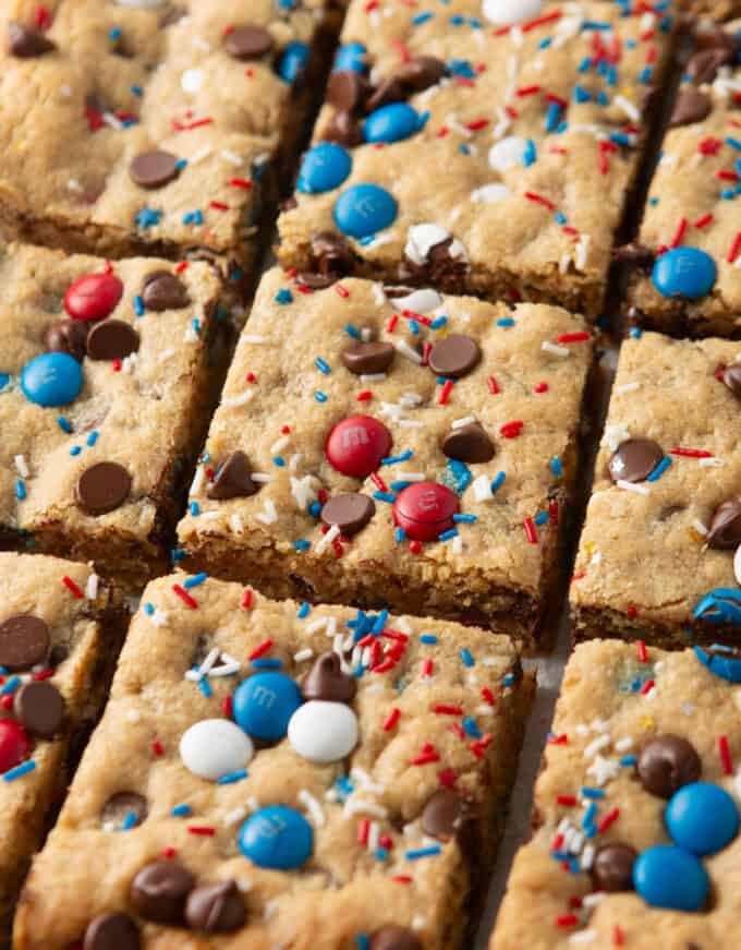 squares of 4th of july monster cookie bars
