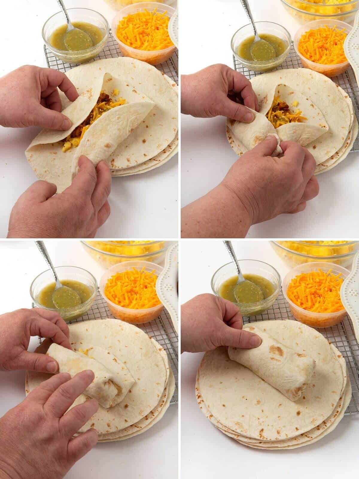 step-by-step instructions for how to fold a breakfast burrito