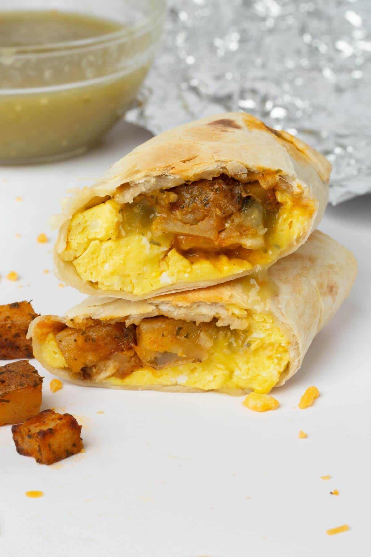 breakfast burrito cut in half