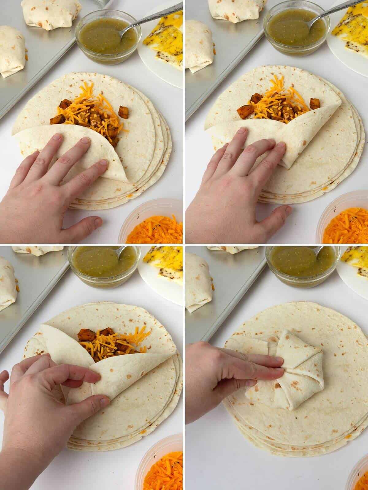 step-by-step pictures showing how to fold breakfast crunchwrap