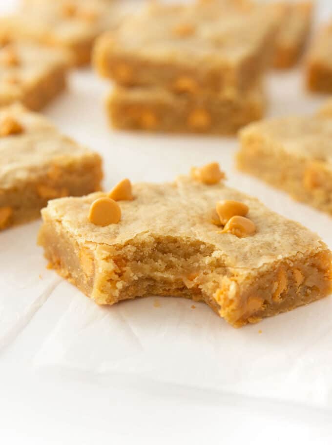 butterscotch cookie bar with bite taken