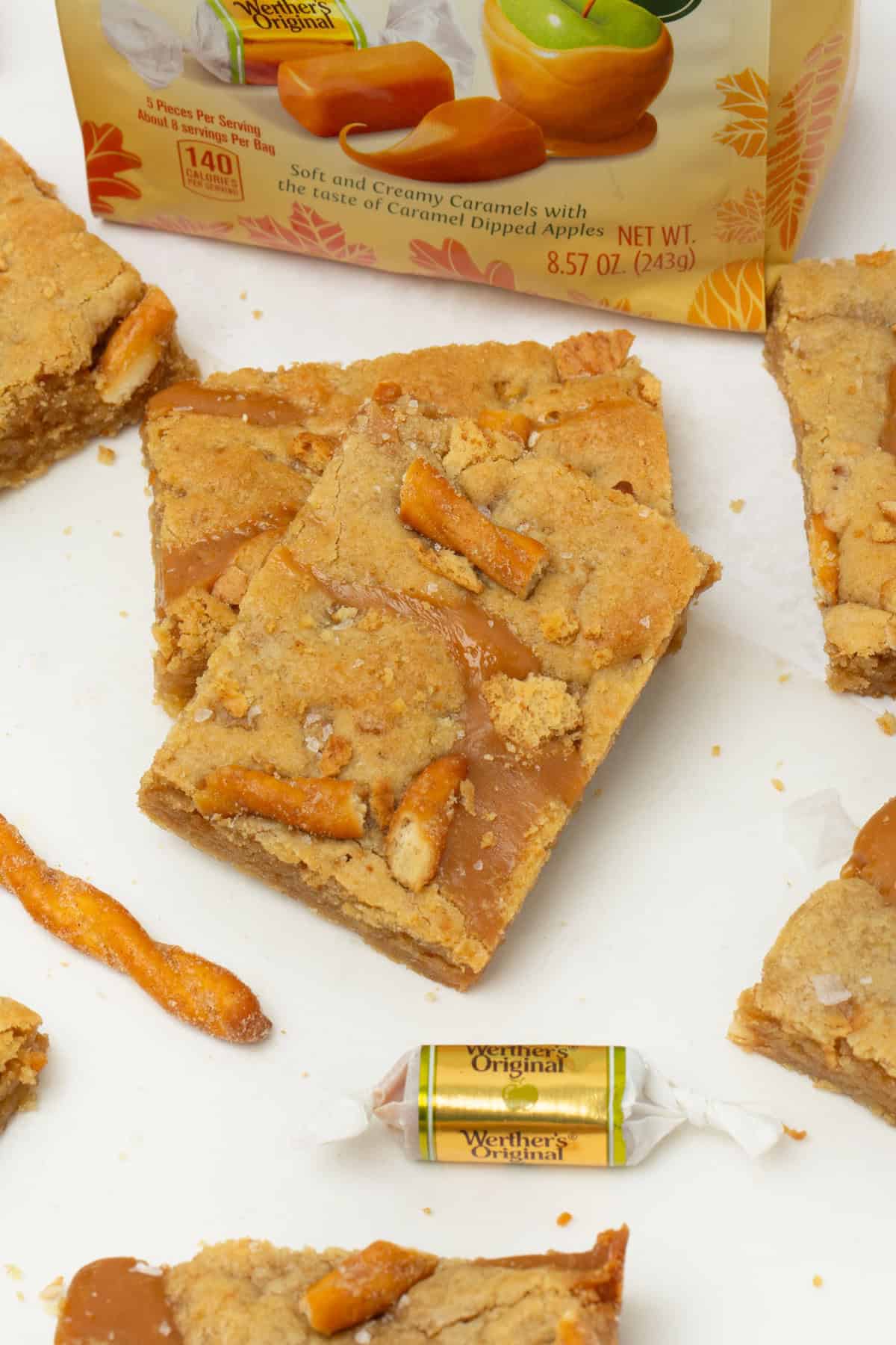 caramel apple kitchen sink cookie bars cut into rectangles