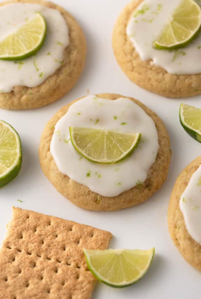 chewy key lime cookies with glaze and lime wedge