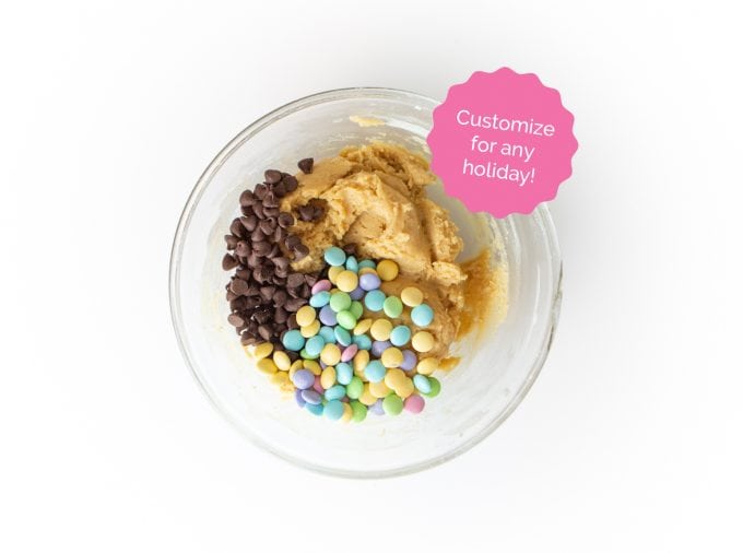 Bowl of raw cookie cake dough and M&M's