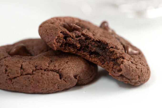 Chocolate cake mix cookies with bite showing soft and fudgy texture