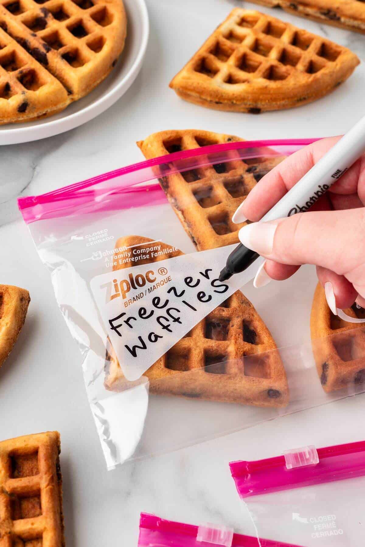 Chocolate chip waffles in freezer bag.