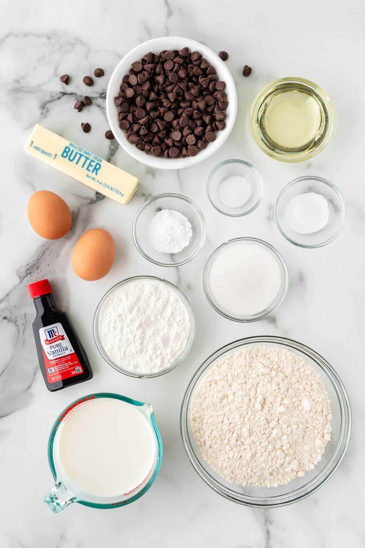 Ingredients for chocolate chip waffles.