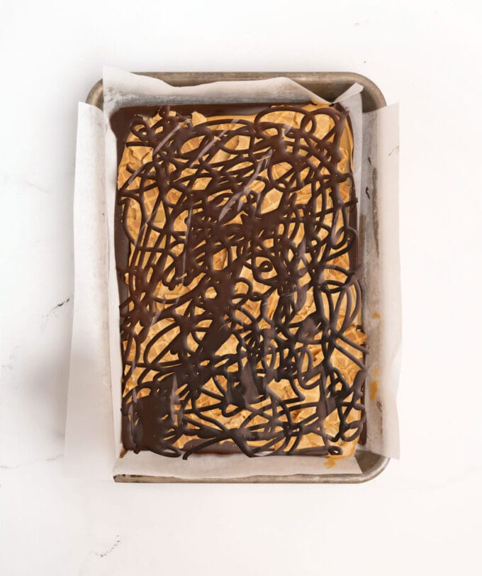 chocolate drizzled on peanut butter bark