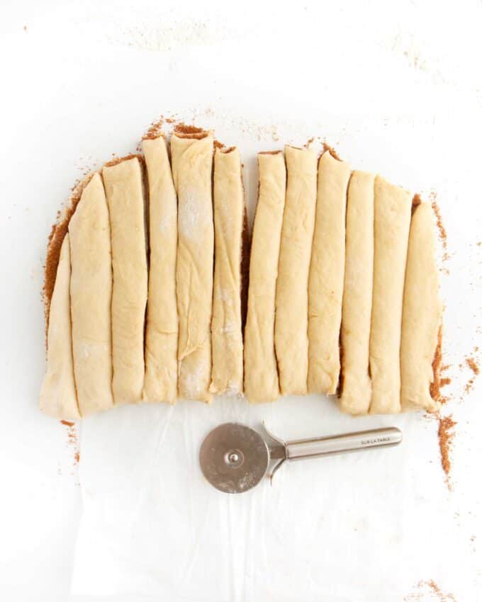 cinnamon roll dough cut into strips