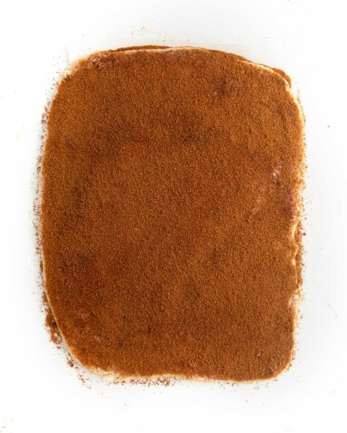 cinnamon roll dough spread with cinnamon sugar