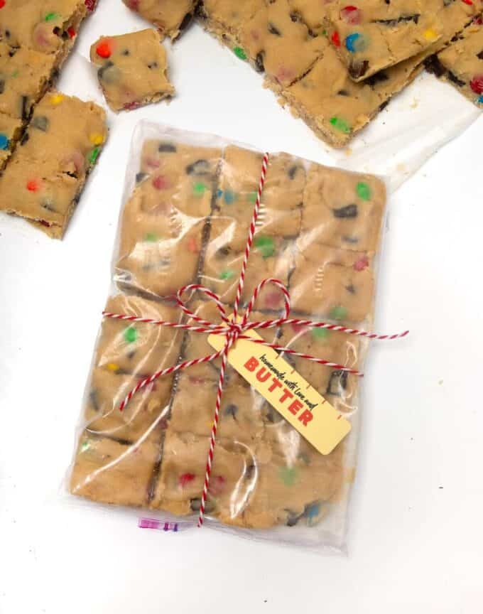 Frozen cookie dough wrapped with gift tag to give to friend.