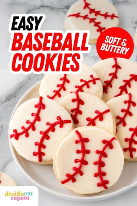 baseball sugar cookies on white glass plate pin