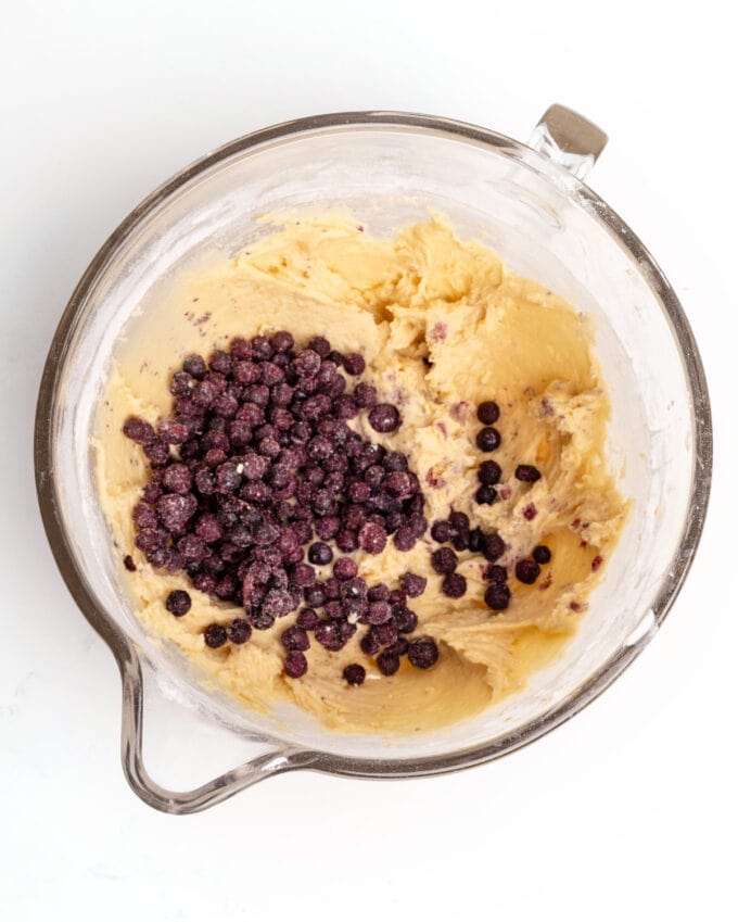 Bowl of wild blueberry muffin batter.