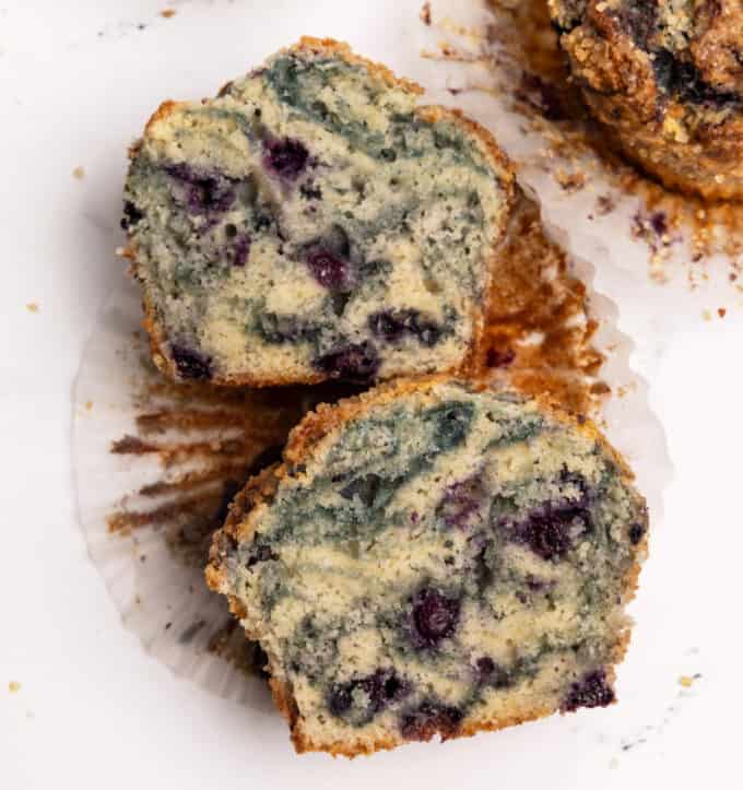 Inside texture of jumbo blueberry muffin.