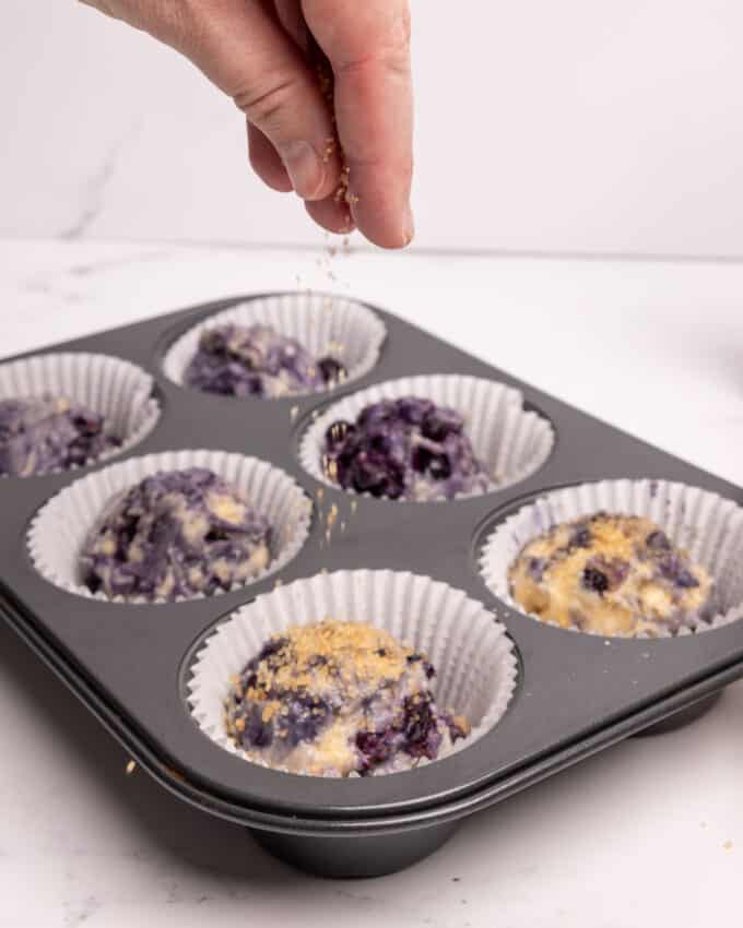 Hand sprinkling tubinado sugar on blueberry muffins.