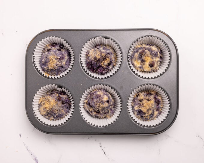 Overhead of jumbo blueberry muffin pan.
