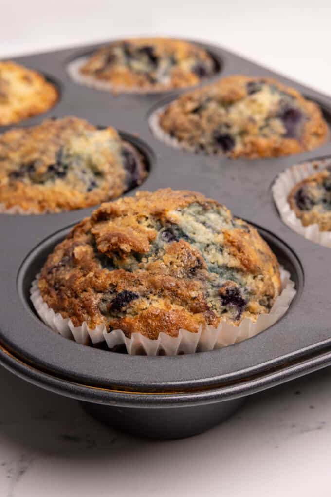 Baked jumbo blueberry muffins.