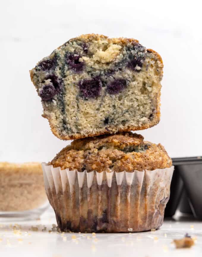 Stack of jumbo blueberry muffins.
