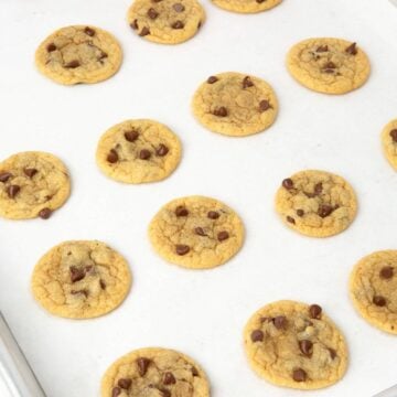 mini chocolate chip cookies on parchment lined tray