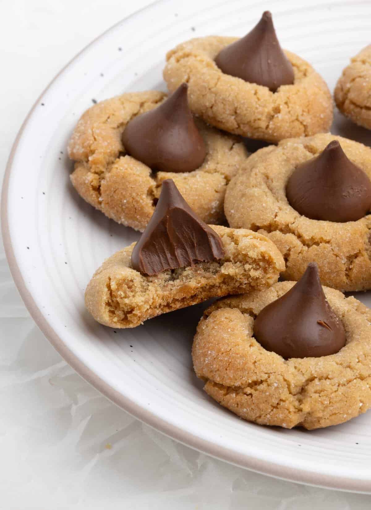 plate of hershey kiss peanut butter blossom cookies