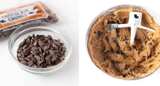 Bowl of chocolate chunks and bowl of mixed peanut butter chocolate chip cookie dough