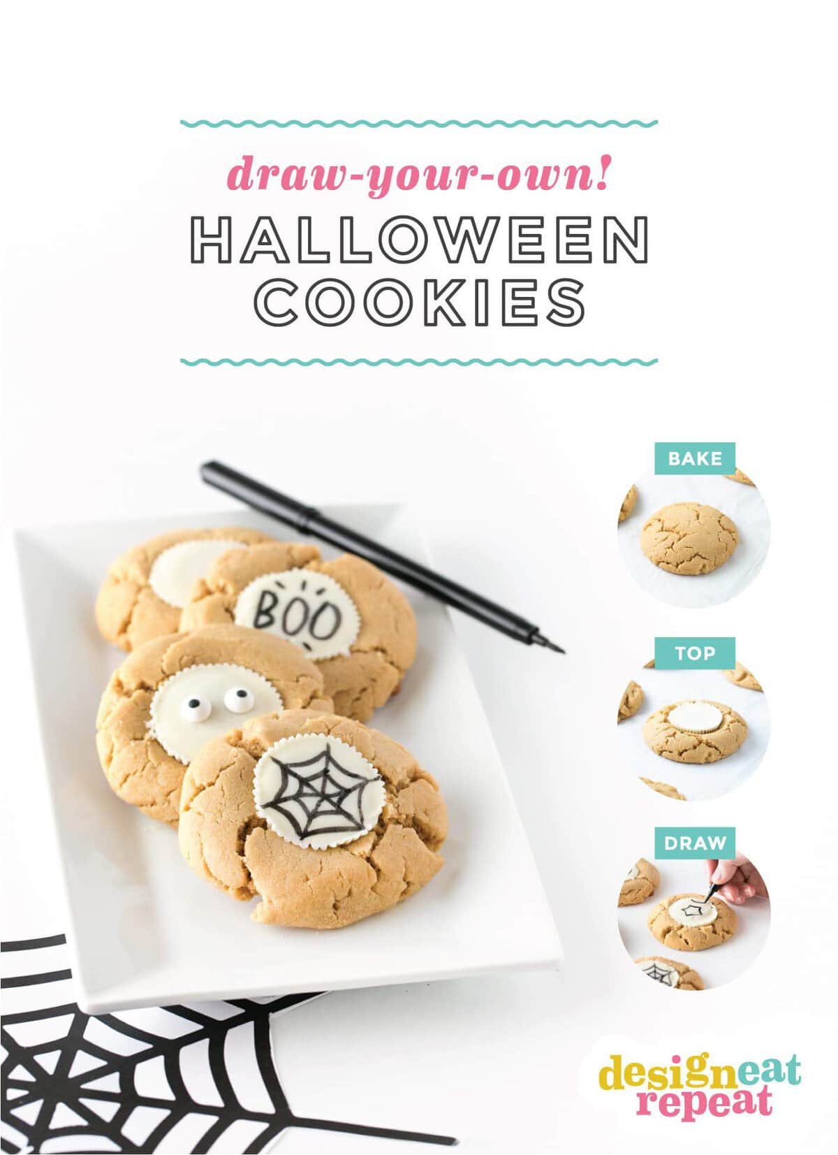 Forget the fancy decorating and grab the edible food pen to draw-your-own easy Halloween cookies! Using a traditional peanut butter cup as the "canvas", you can customize with your own icons, faces or spooktacular phrases! #Halloween | #Cookies | www.DesignEatRepeat.com