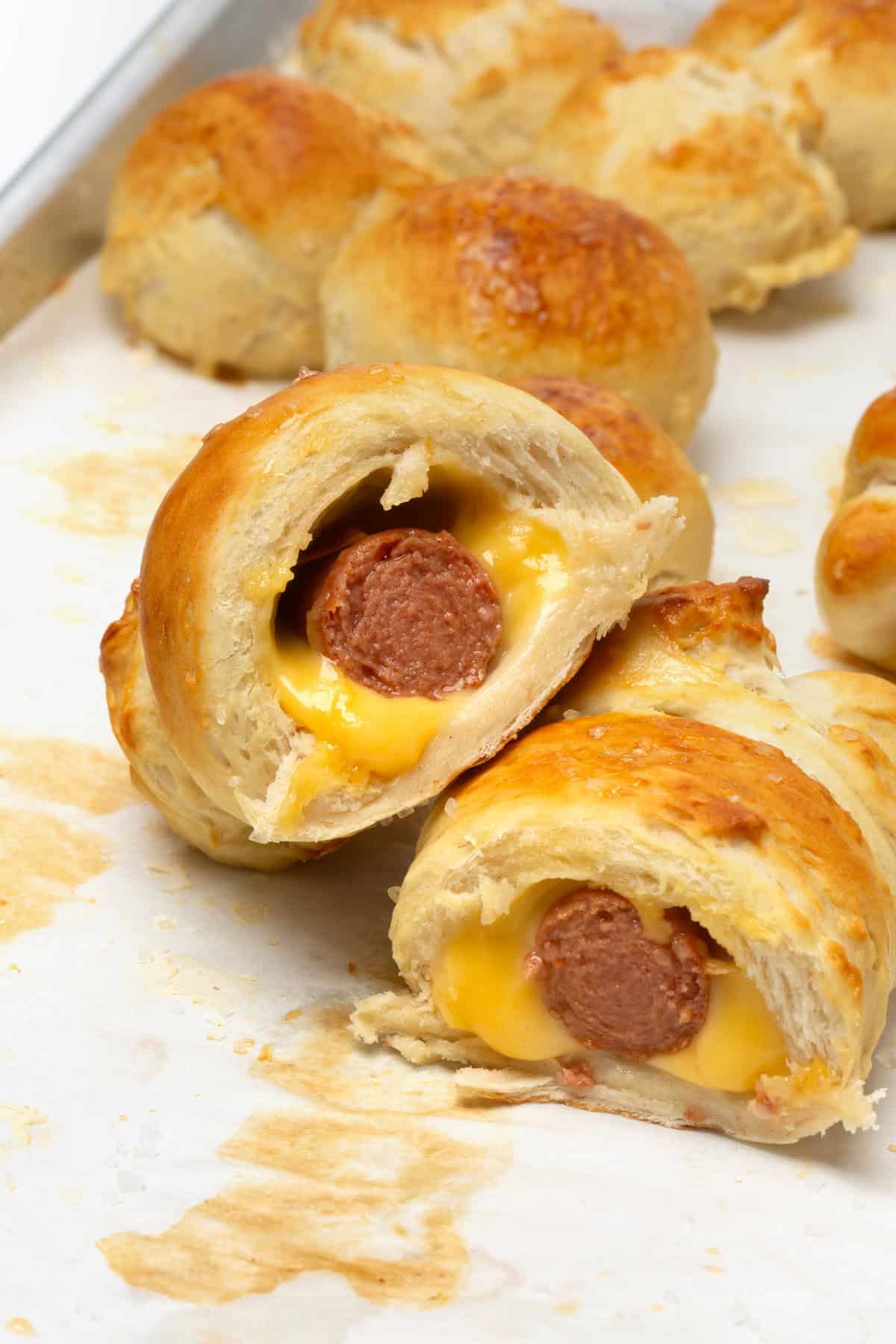 cut soft pretzel hot dog pig in a blanket
