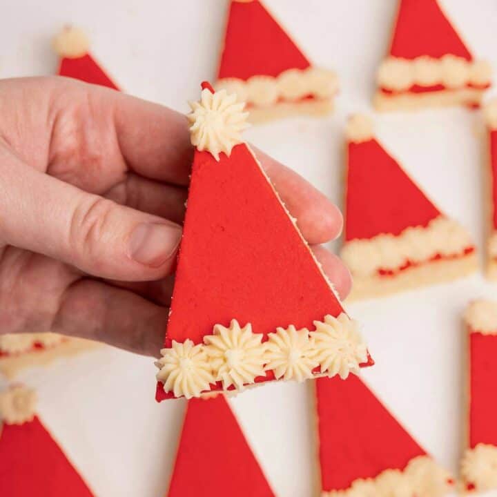 upclose of frosted santa sugar cookie bar