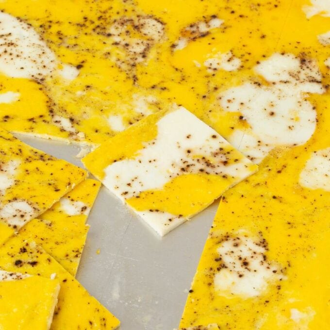 sheet pan eggs cut into squares on baking sheet