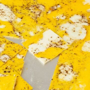 sheet pan eggs cut into squares on baking sheet