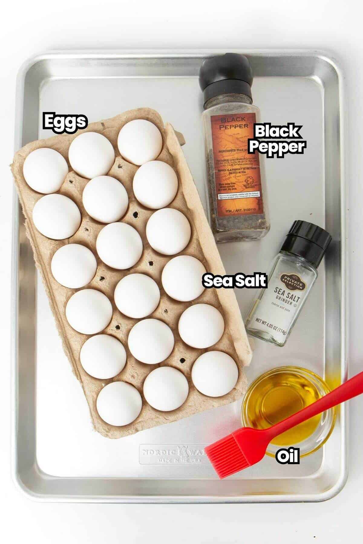 ingredients for sheet pan eggs laid on rimmed baking sheet