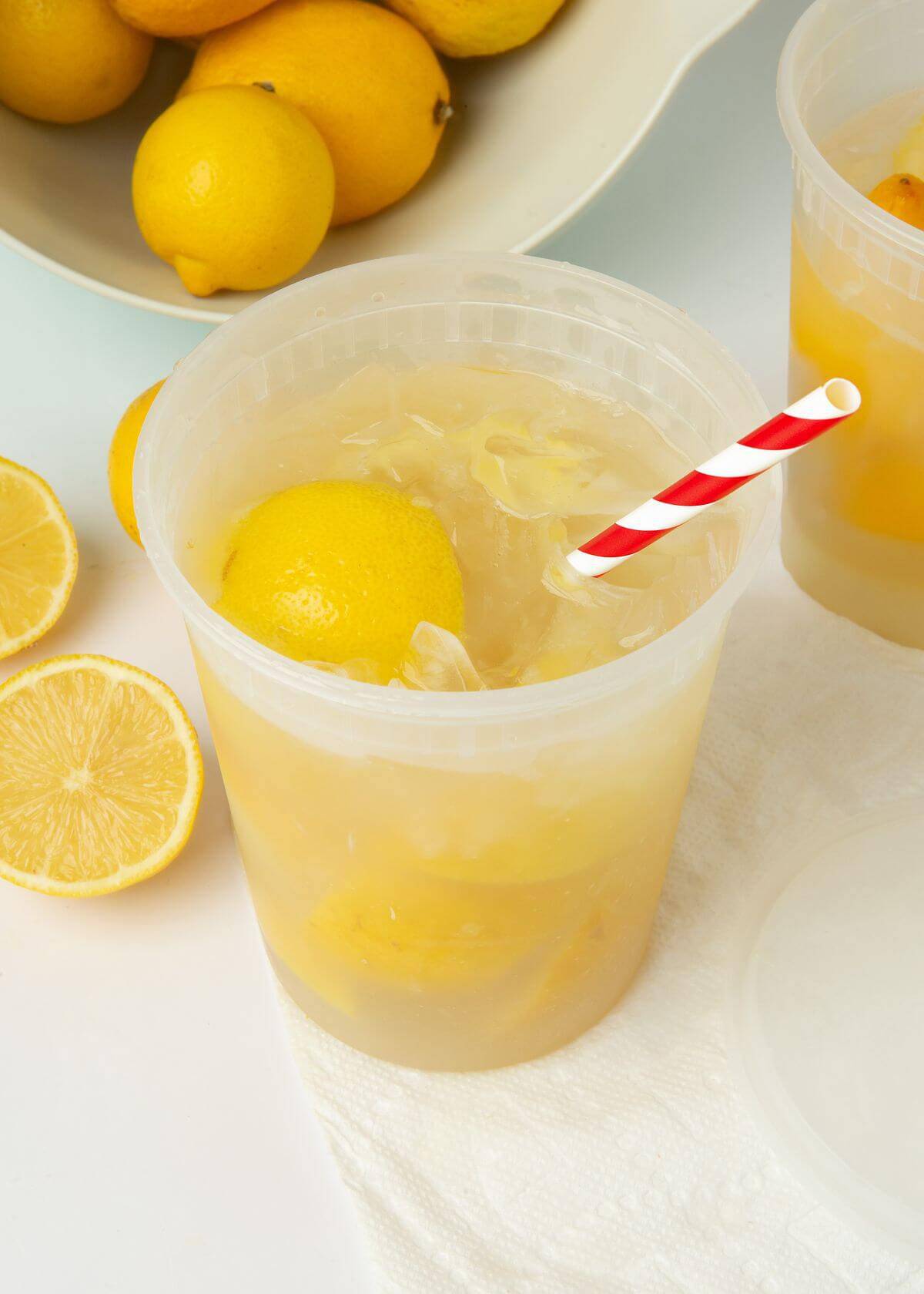 state fair lemonade in plastic container with striped straw