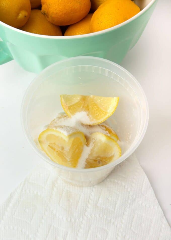 lemon slices and sugar in plastic container