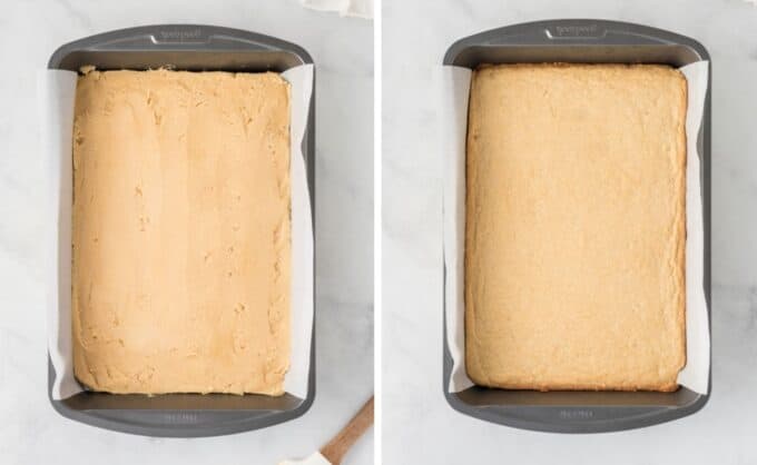 9x13 metal pan with unbaked and baked sugar cookie bars