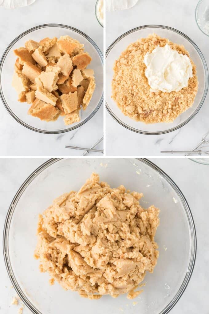 bowl of crumbled sugar cookie crumbs mixing with cream cheese