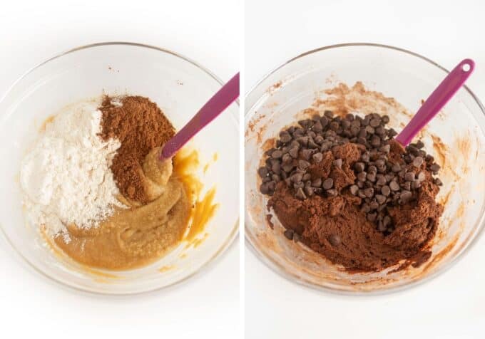 mixing triple chocolate cookie cake dough