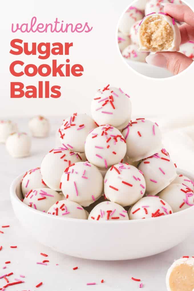 sugar cookie Valentine truffles with red and pink sprinkles