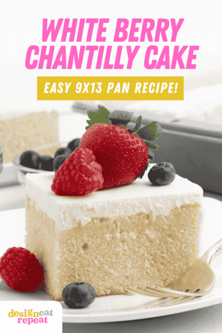 square slice of berry white chantilly cake from 9x13" pan